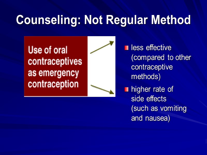Counseling: Not Regular Method less effective (compared to other contraceptive methods) higher rate of
